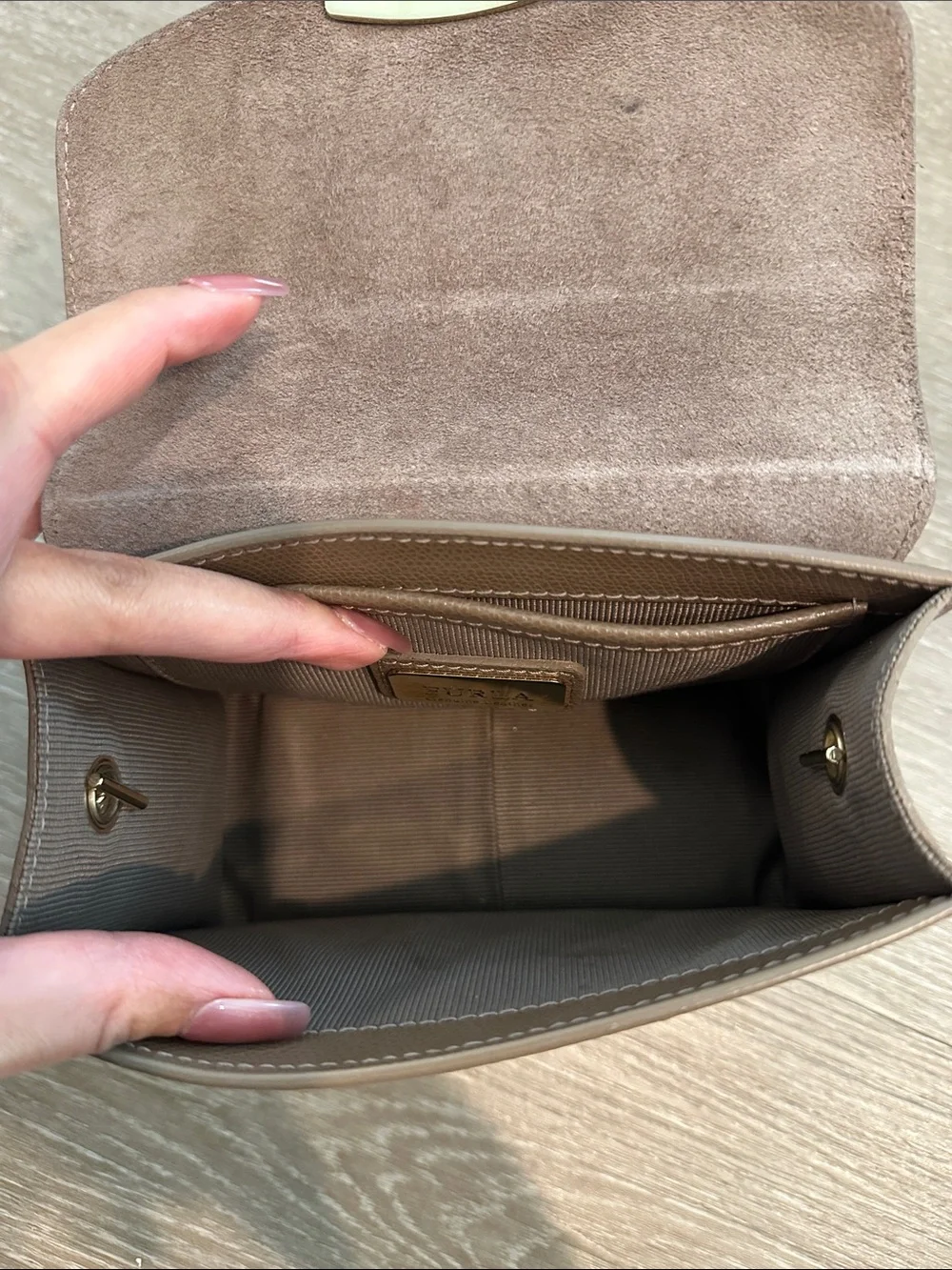Furla Taupe Leather Mini Crossbody with Gold Lock